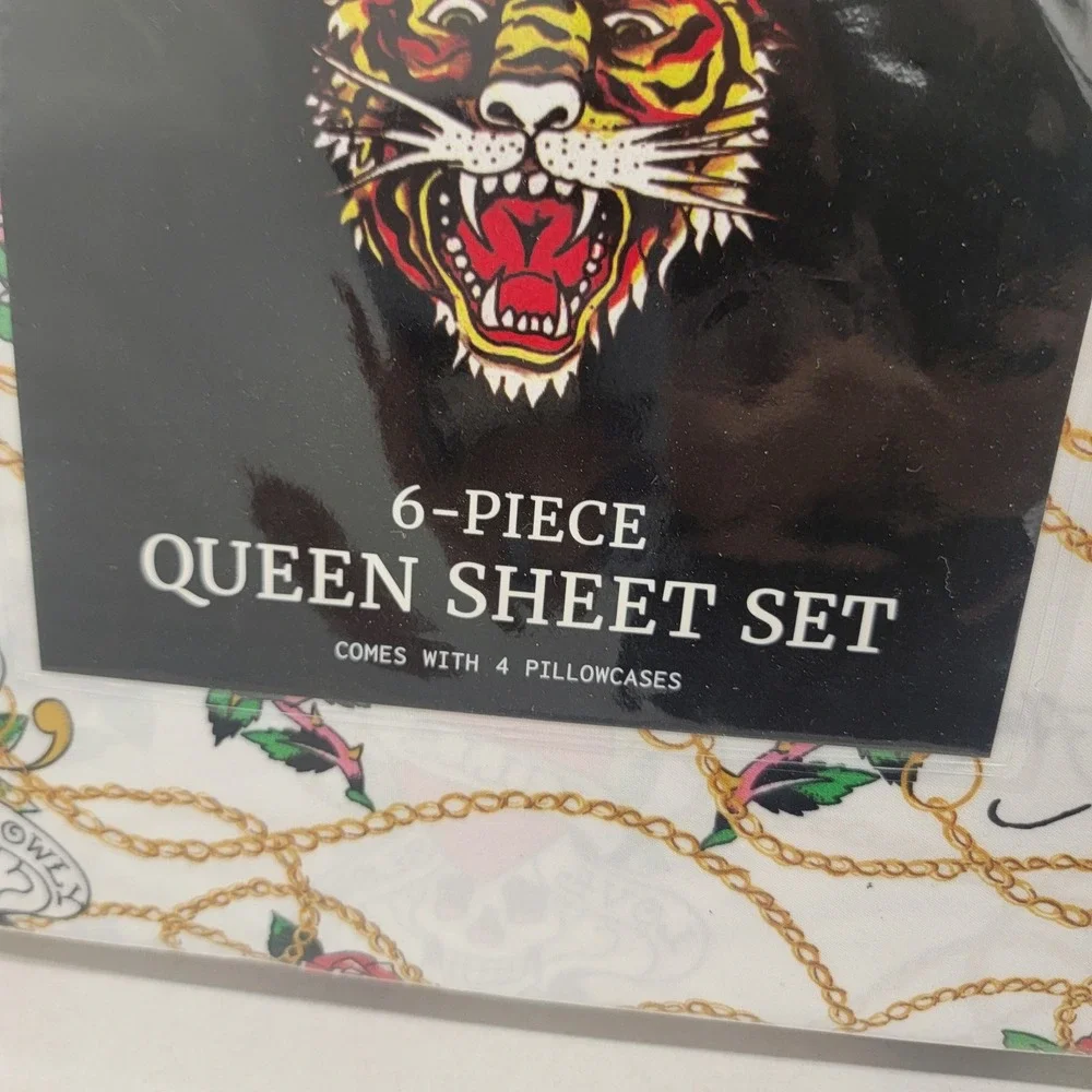 NEW Ed Hardy Queen Sheet Bed Set 6-Piece Tiger Skull Rose Tattoo‎ Heart Print